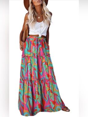 Amazon Earkoha Boho Tiered Maxi Skirt - Multicolor Swirl - Size XL